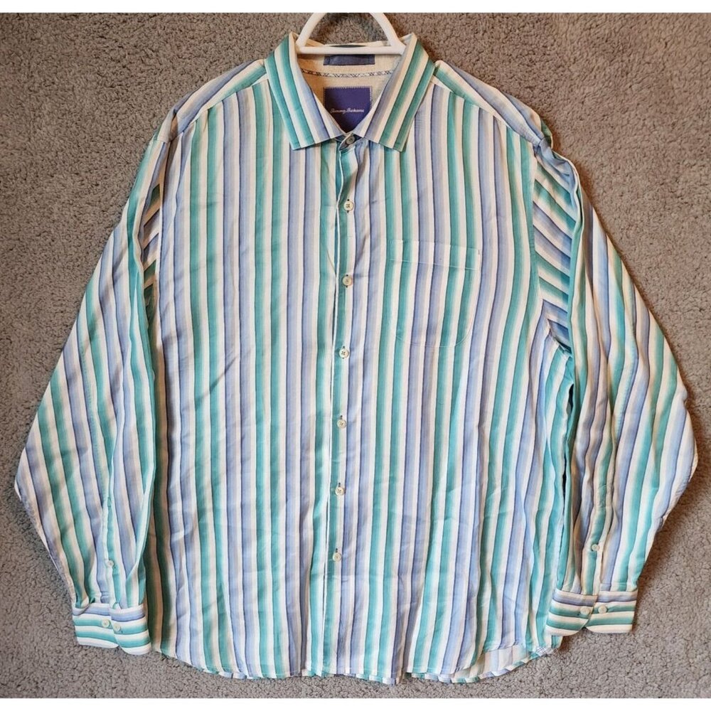 Tommy Bahama Island Modern Fit Blue Striped Long Sleeve Button‎ Up Shirt Size XL